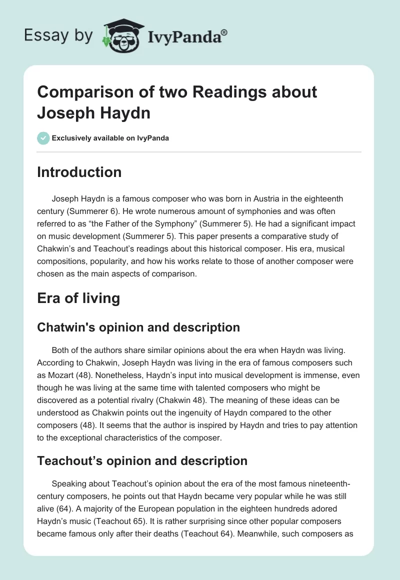Comparison of two Readings about Joseph Haydn. Page 1