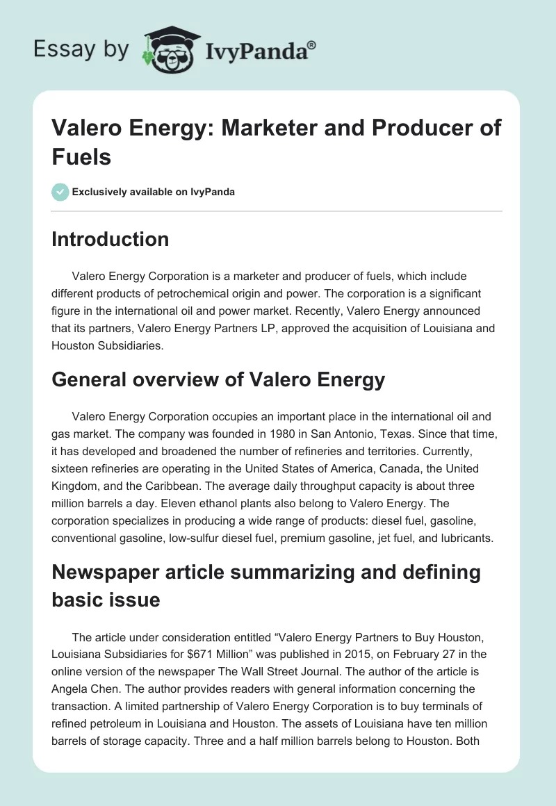 Valero Energy: Marketer and Producer of Fuels. Page 1
