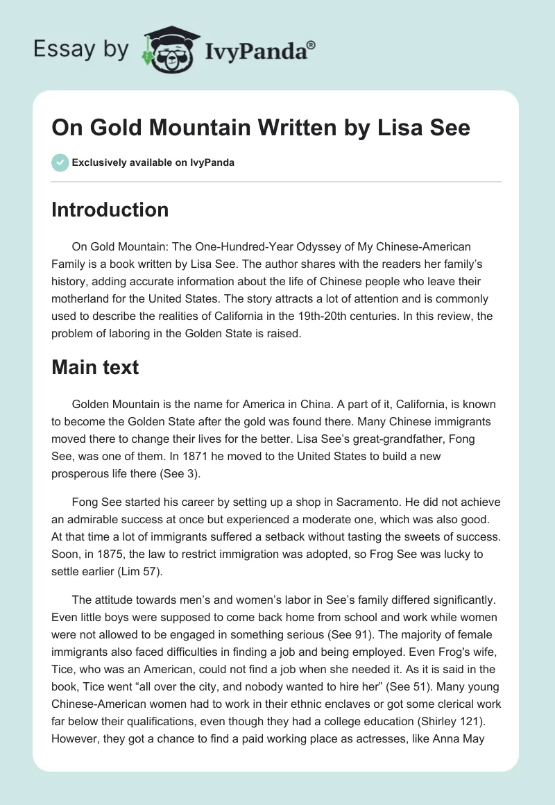 "On Gold Mountain" Written by Lisa See. Page 1