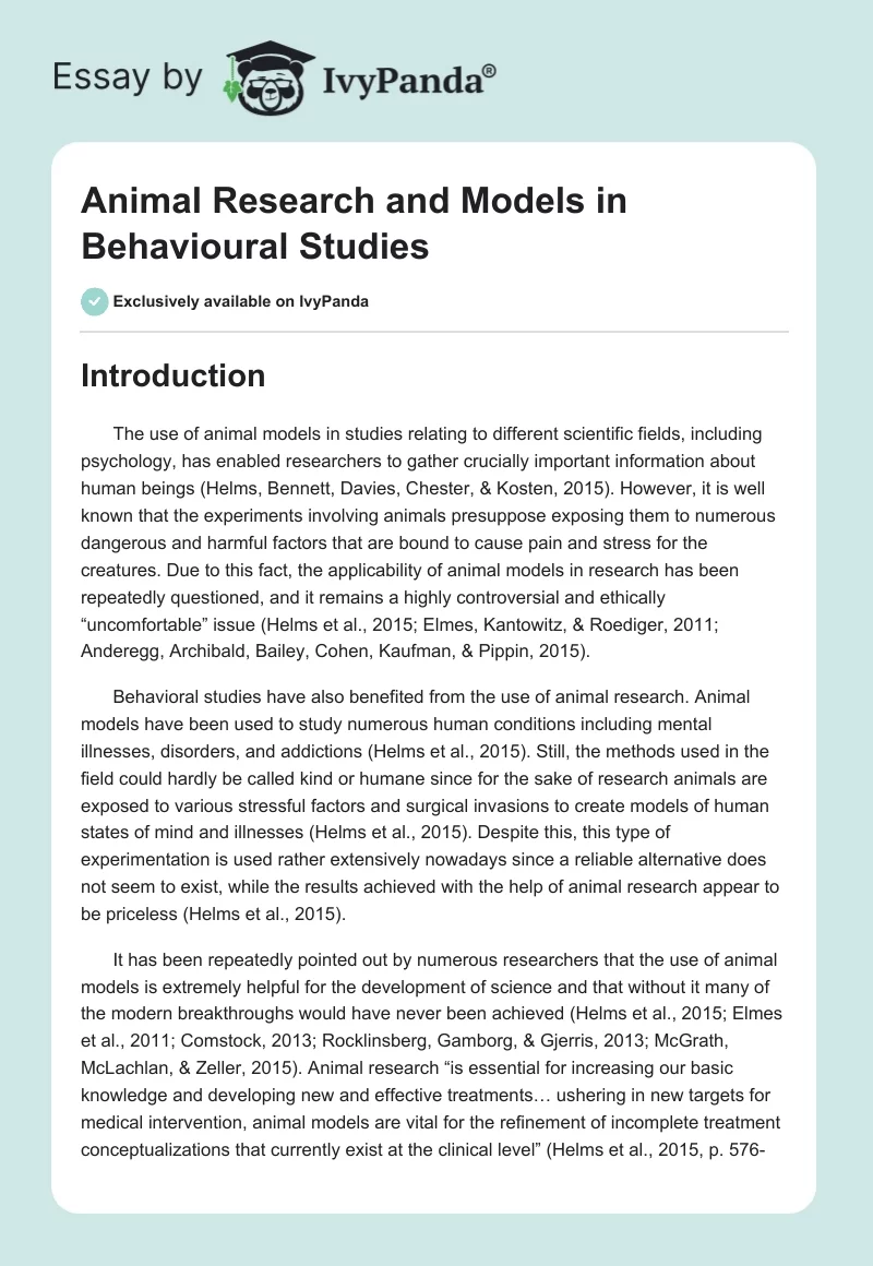 Animal Research and Models in Behavioural Studies. Page 1
