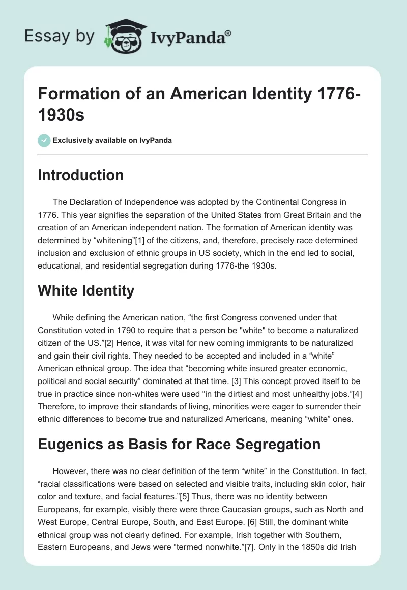 Formation of an American Identity 1776-1930s. Page 1