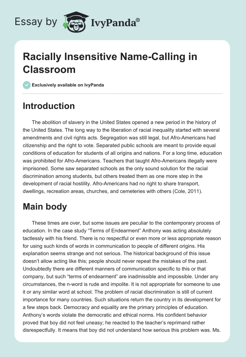 Racially Insensitive Name-Calling in Classroom. Page 1