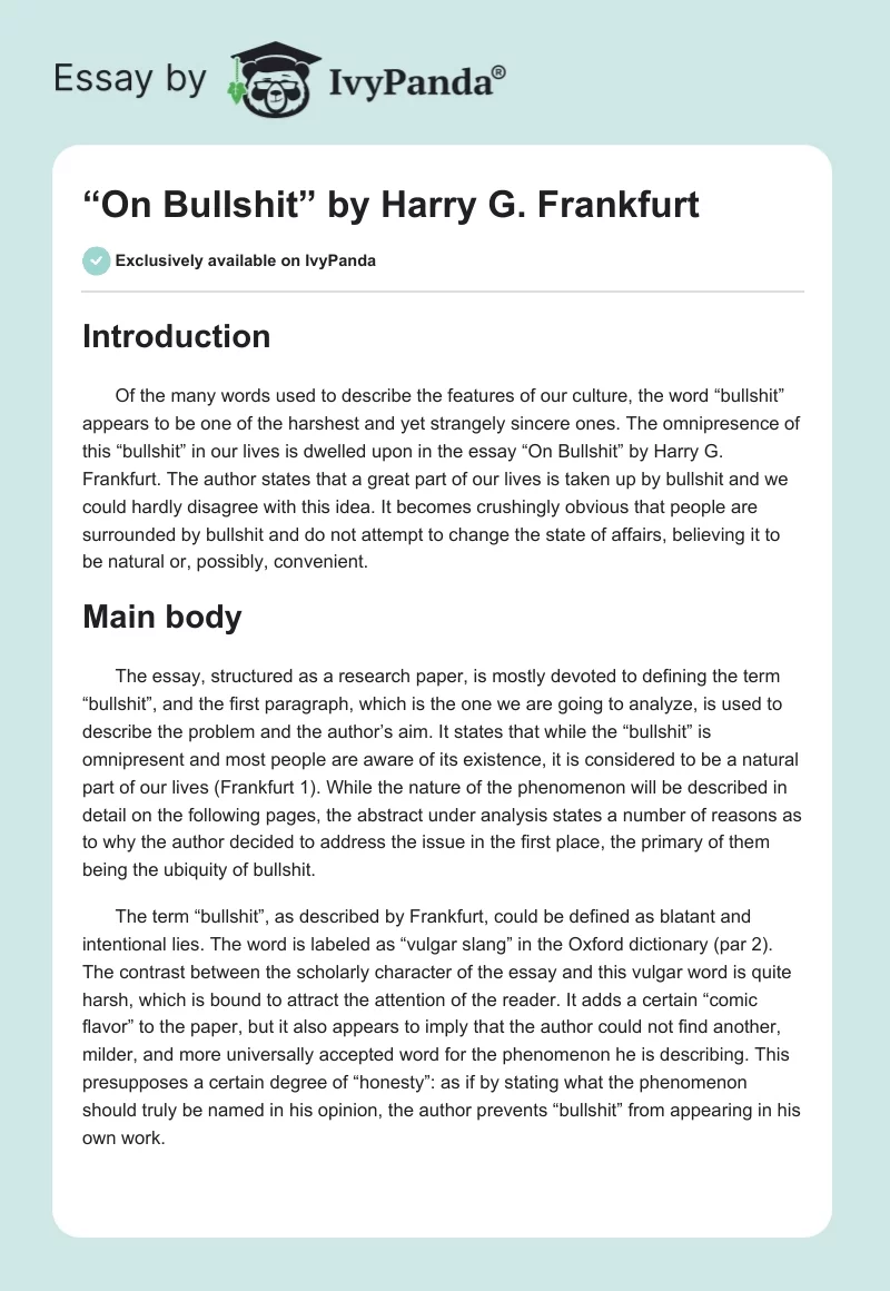 “On Bullshit” by Harry G. Frankfurt. Page 1
