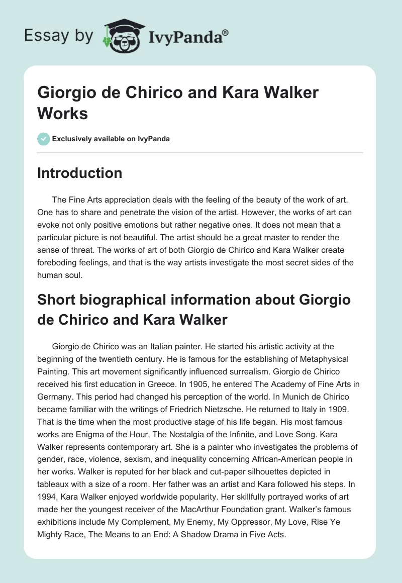 Giorgio de Chirico and Kara Walker Works. Page 1