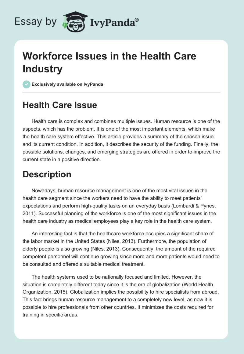 Workforce Issues in the Health Care Industry. Page 1