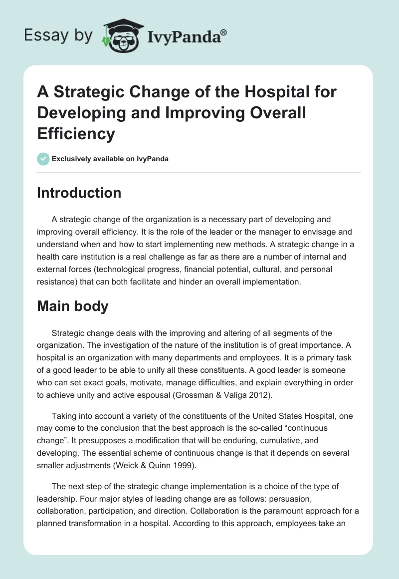 A Strategic Change of the Hospital for Developing and Improving Overall Efficiency. Page 1