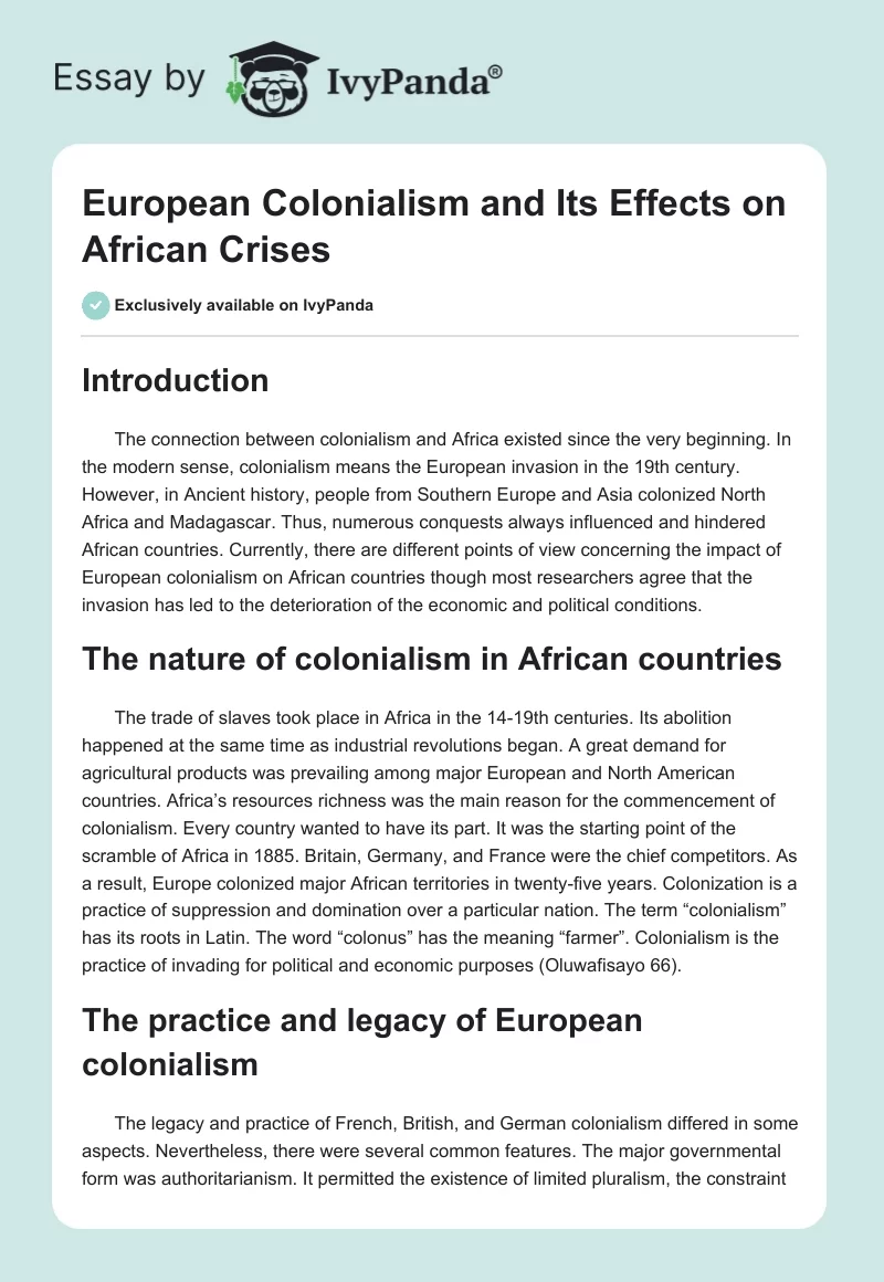 European Colonialism and Its Effects on African Crises. Page 1