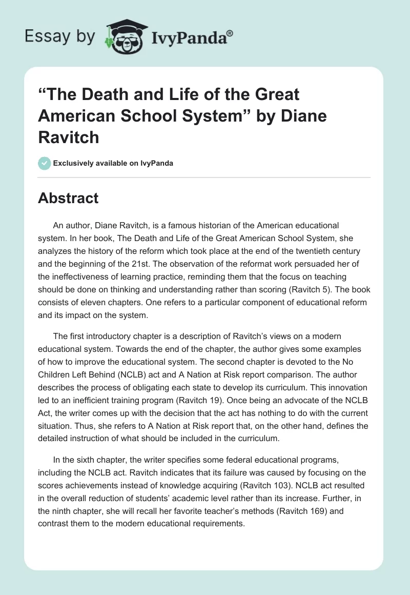 “The Death and Life of the Great American School System” by Diane Ravitch. Page 1
