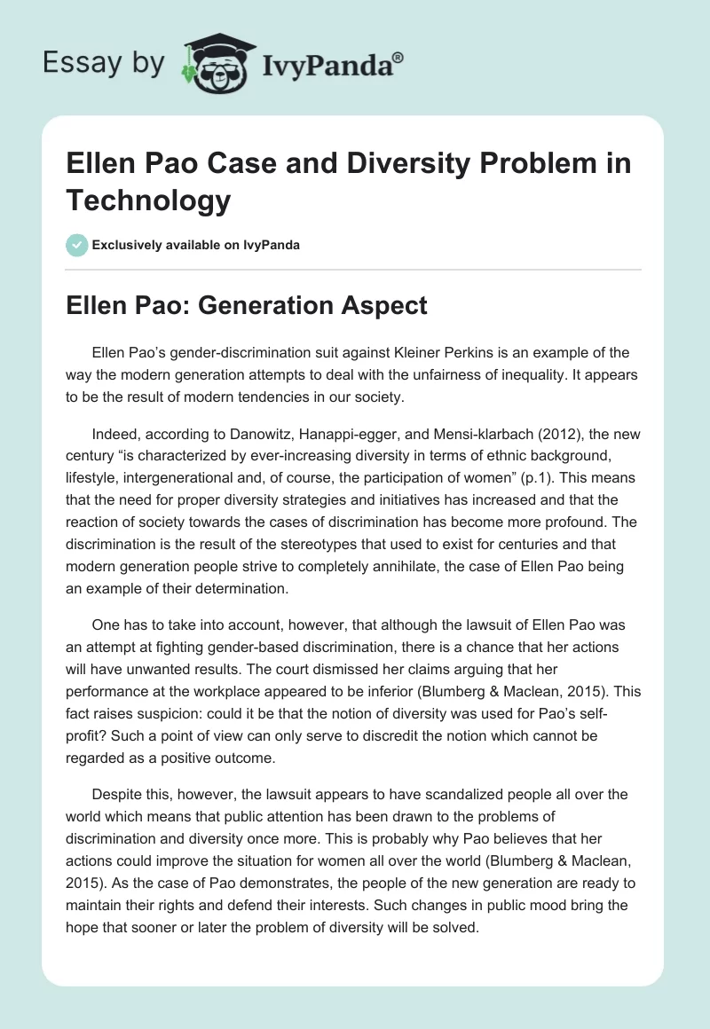 Ellen Pao Case and Diversity Problem in Technology. Page 1