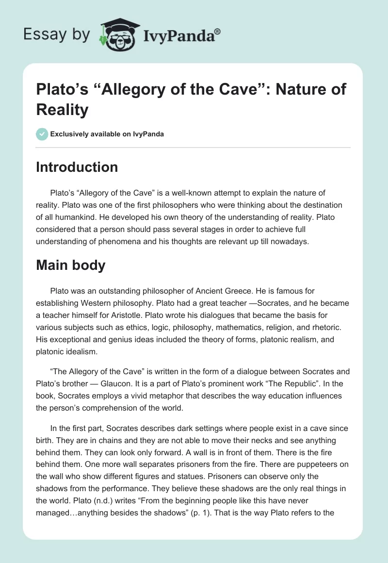 Plato’s “Allegory of the Cave”: Nature of Reality. Page 1