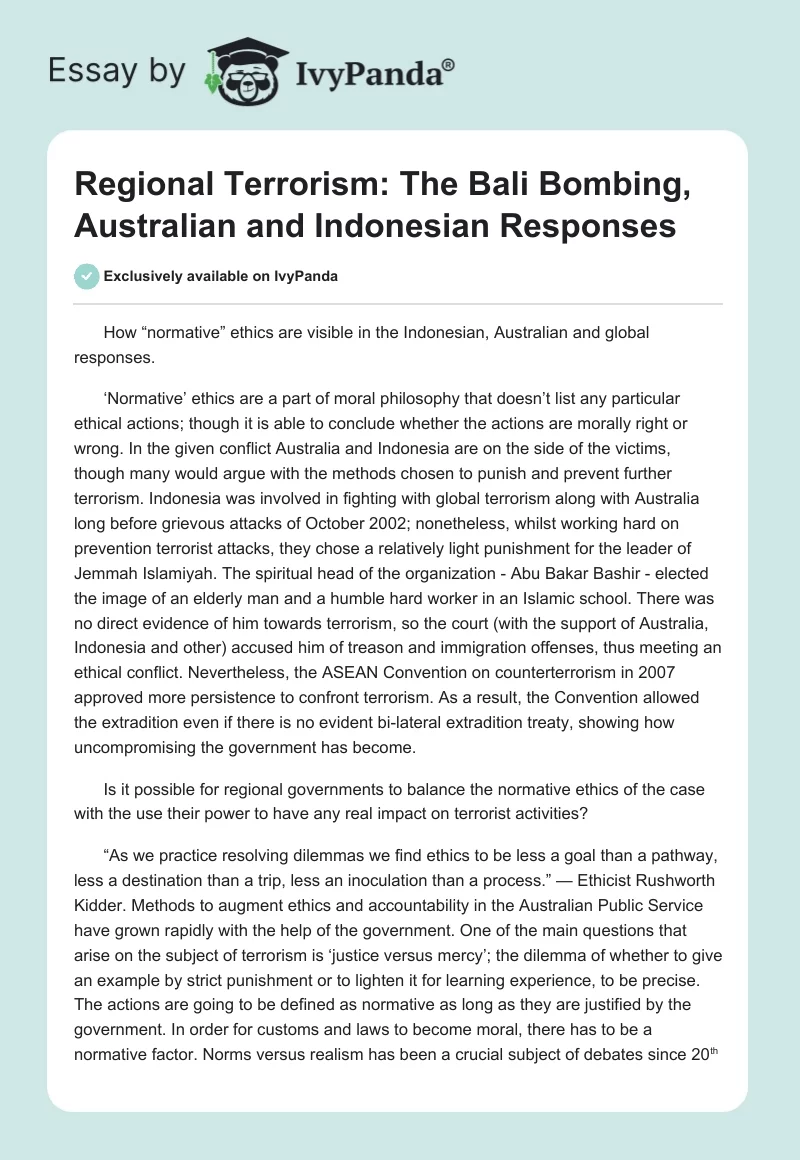 Regional Terrorism: The Bali Bombing, Australian and Indonesian Responses. Page 1