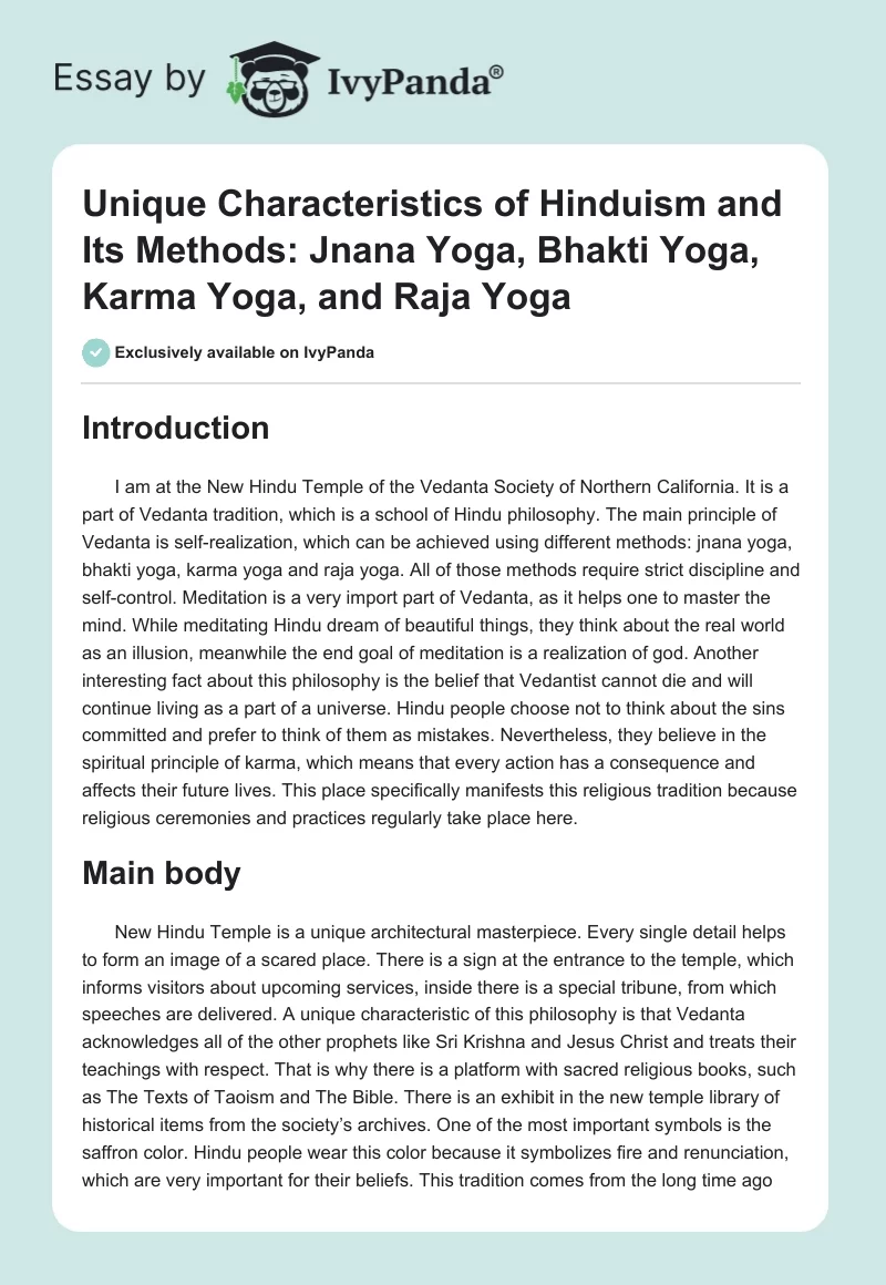 Unique Characteristics of Hinduism and Its Methods: Jnana Yoga, Bhakti Yoga, Karma Yoga, and Raja Yoga. Page 1