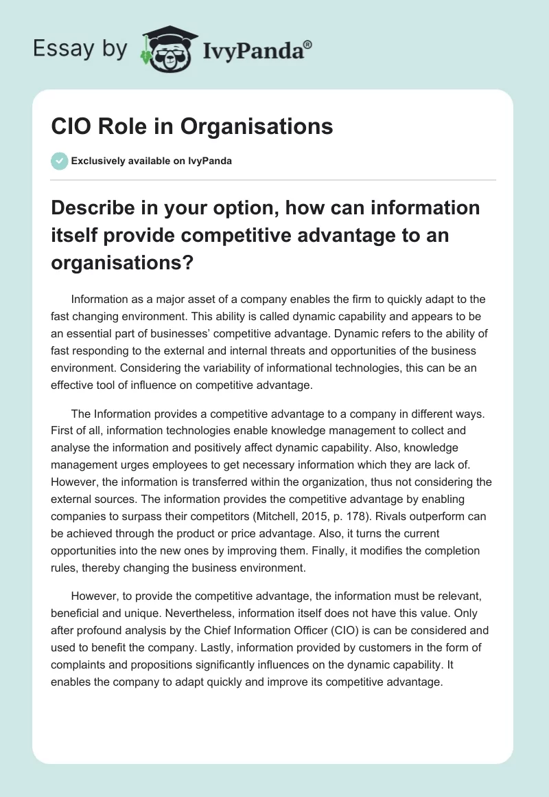 CIO Role in Organisations. Page 1
