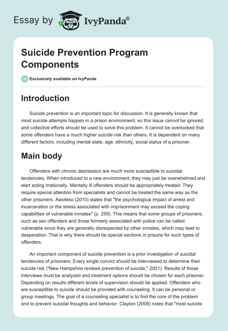 Suicide Prevention Program Components. Page 1