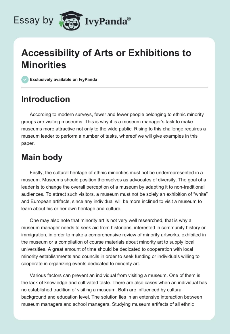 Accessibility of Arts or Exhibitions to Minorities. Page 1