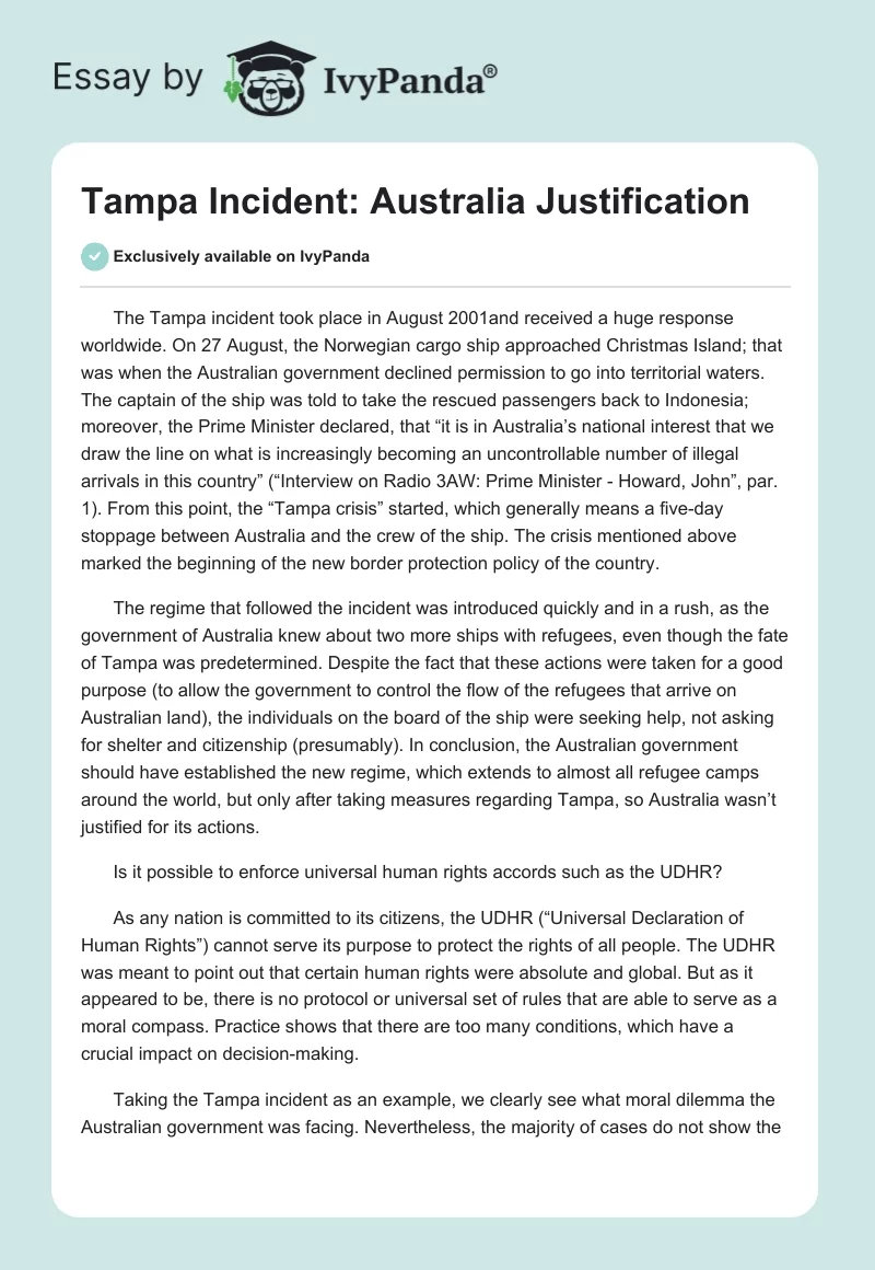 Tampa Incident: Australia Justification. Page 1