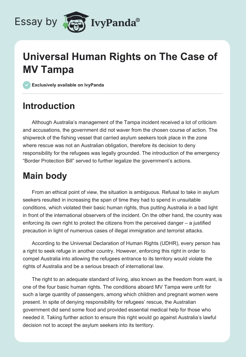 Universal Human Rights on The Case of MV Tampa. Page 1