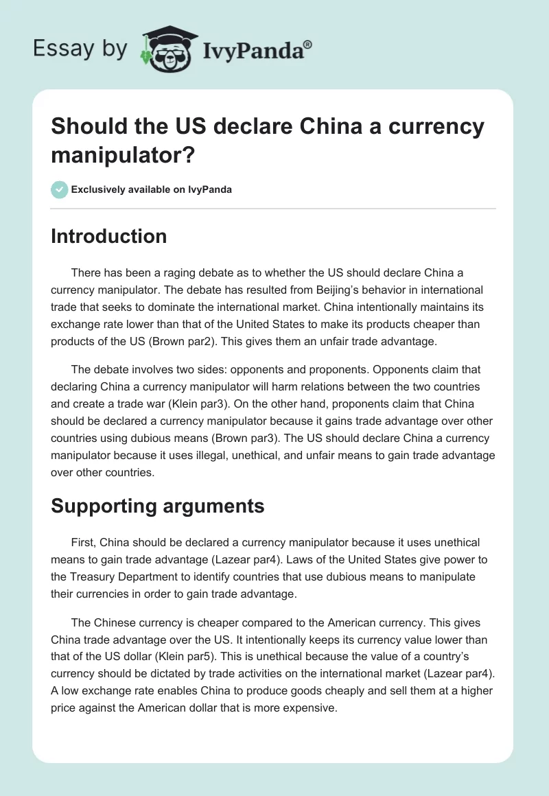 Should the US declare China a currency manipulator?. Page 1