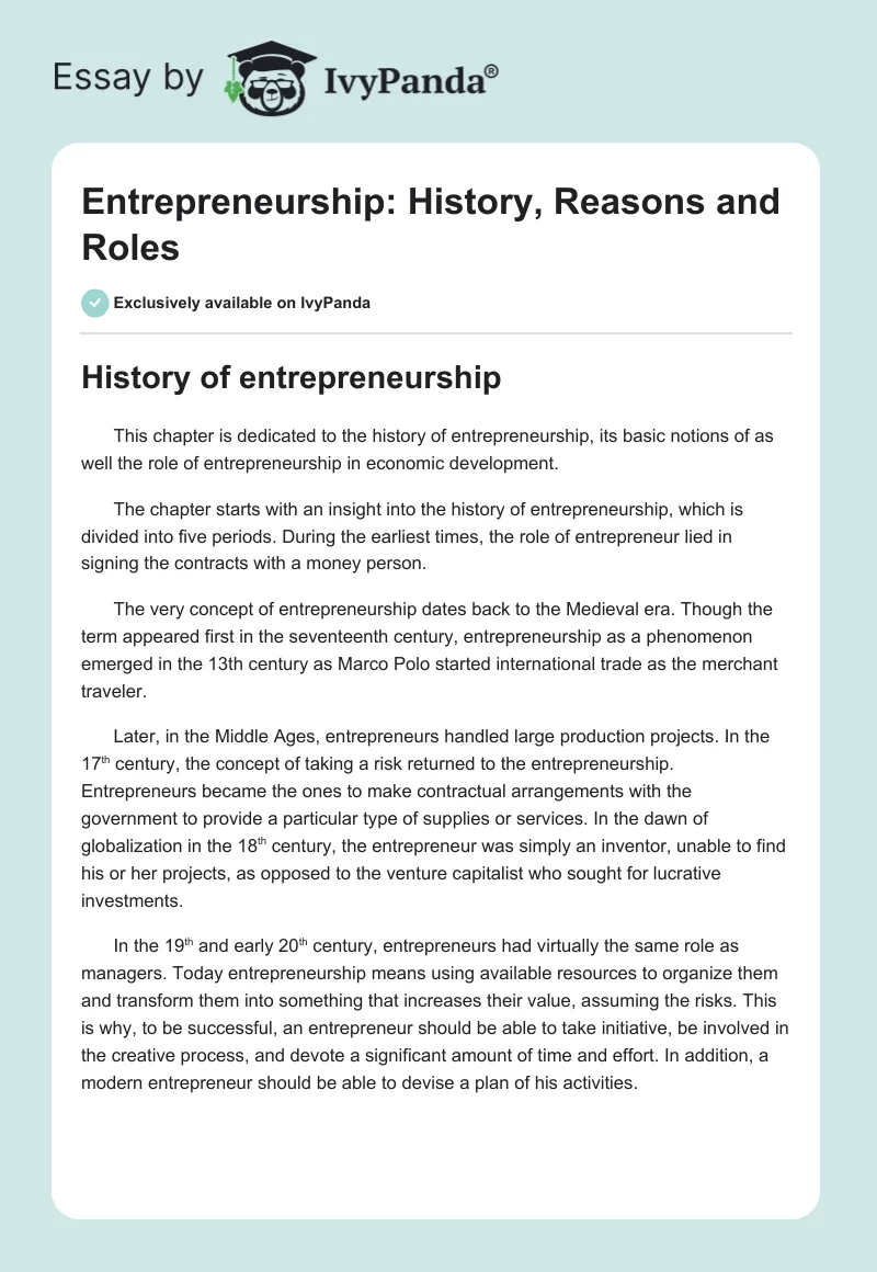 Entrepreneurship: History, Reasons and Roles. Page 1