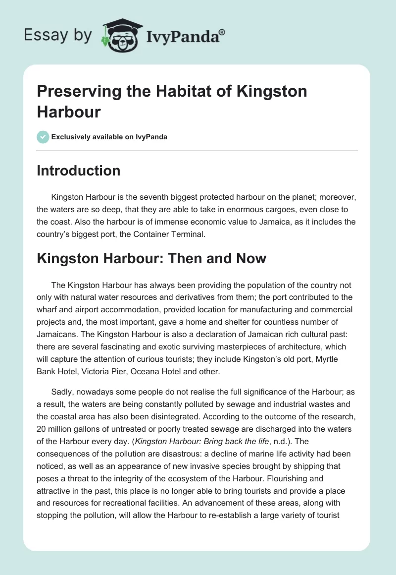 Preserving the Habitat of Kingston Harbour. Page 1