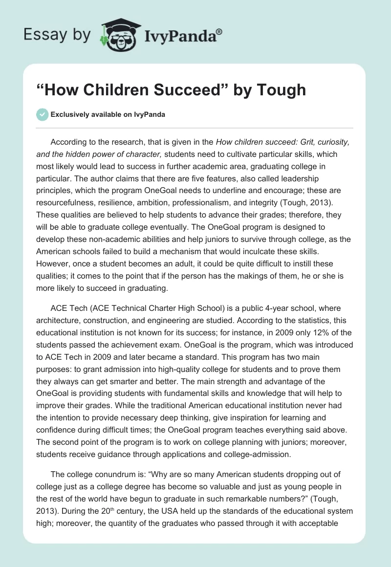 “How Children Succeed” by Tough. Page 1