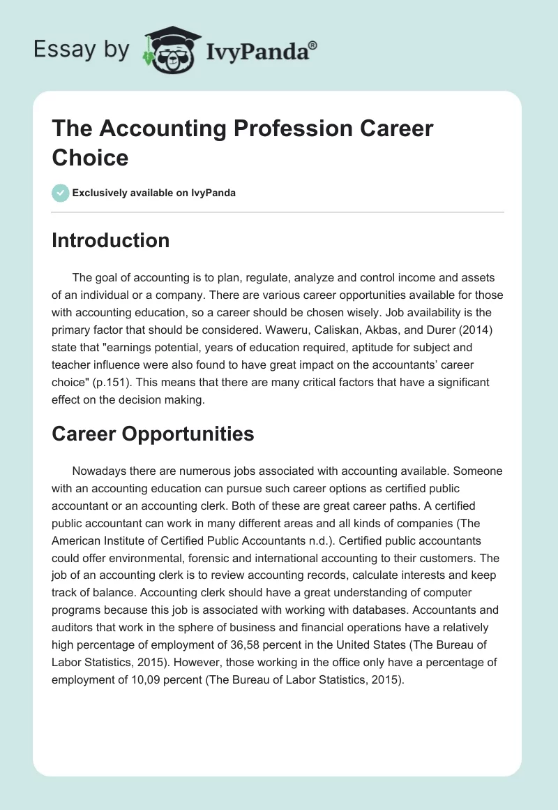 The Accounting Profession Career Choice. Page 1