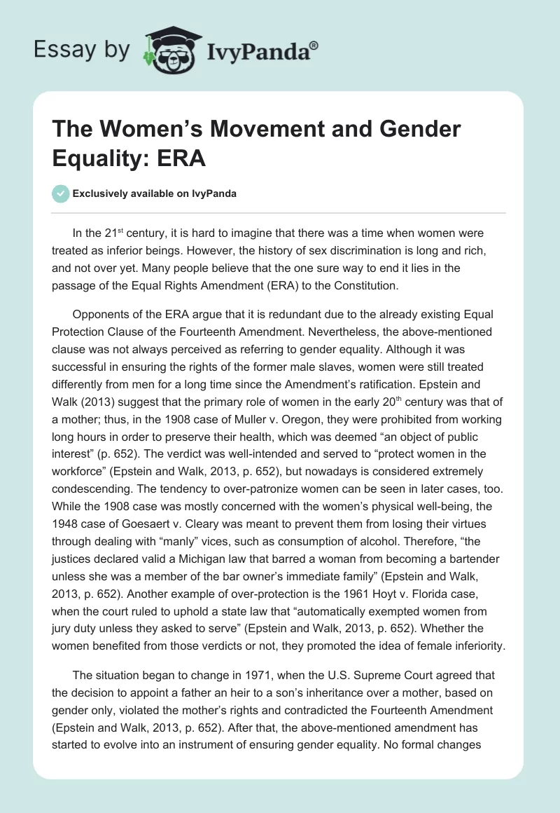 The Women’s Movement and Gender Equality: ERA. Page 1