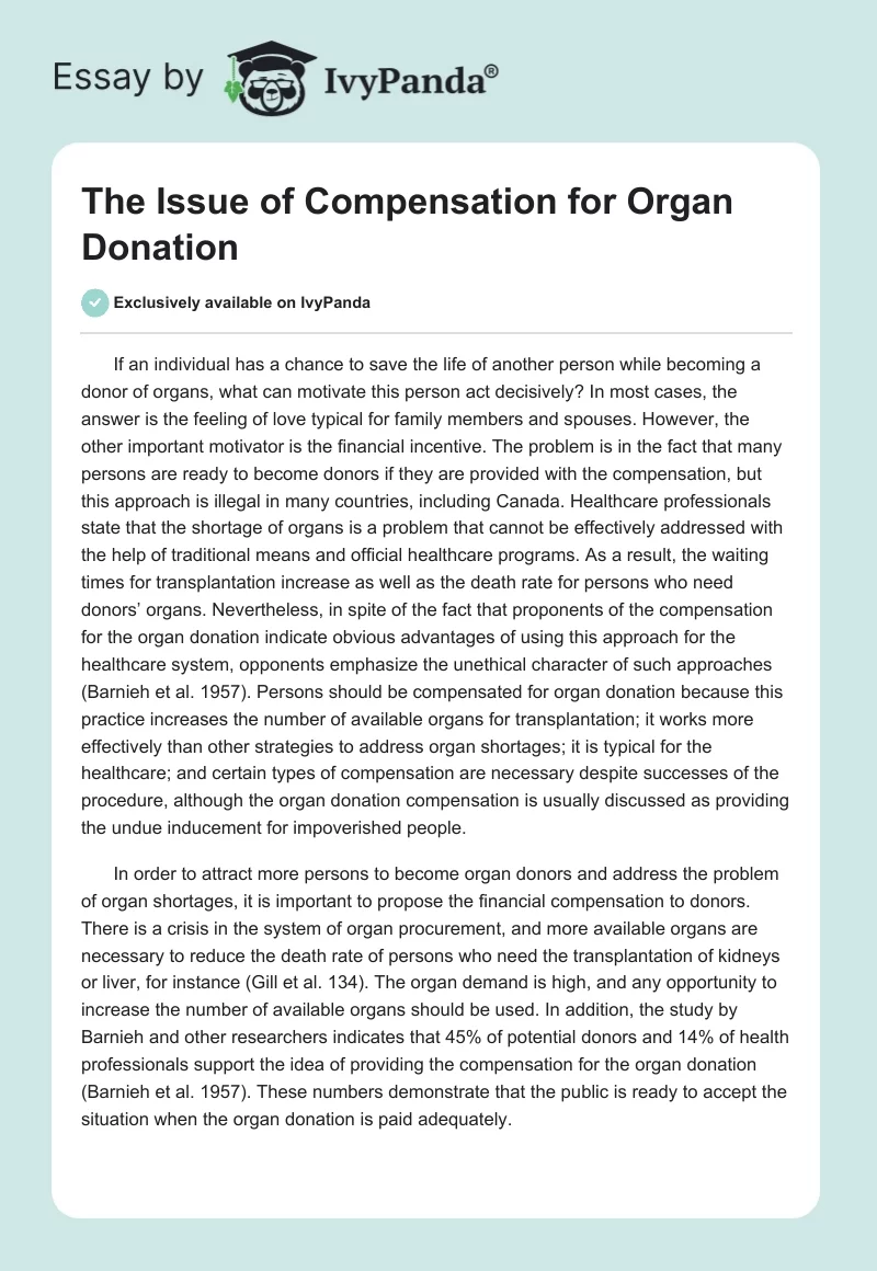 The Issue of Compensation for Organ Donation. Page 1