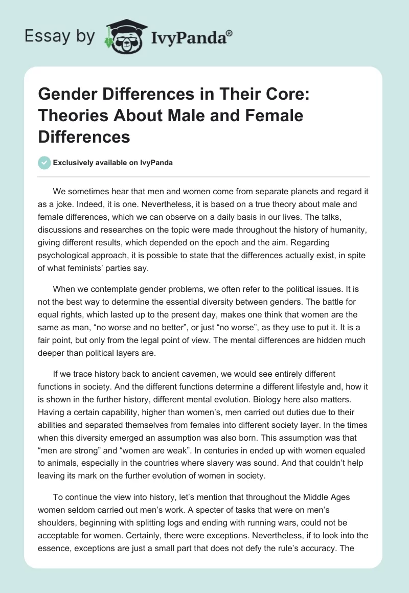 Gender Differences in Their Core: Theories About Male and Female Differences. Page 1
