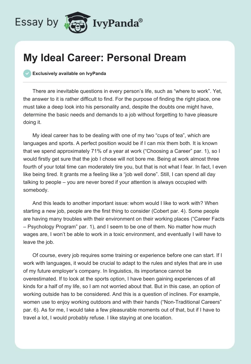 My Ideal Career: Personal Dream. Page 1