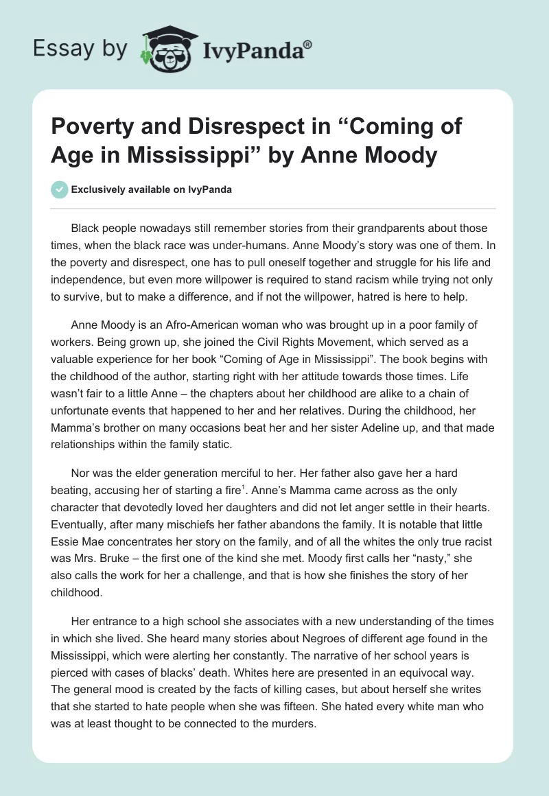 Poverty and Disrespect in “Coming of Age in Mississippi” by Anne Moody. Page 1