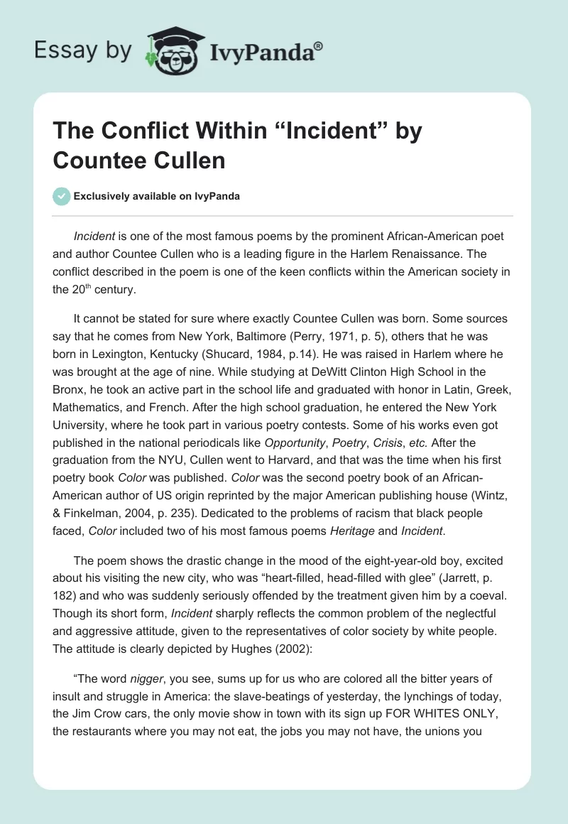 The Conflict Within “Incident” by Countee Cullen. Page 1