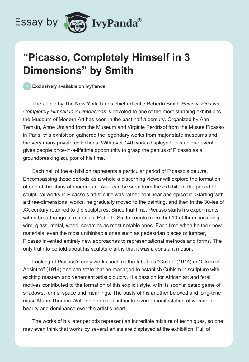 “Picasso, Completely Himself in 3 Dimensions” by Smith. Page 1