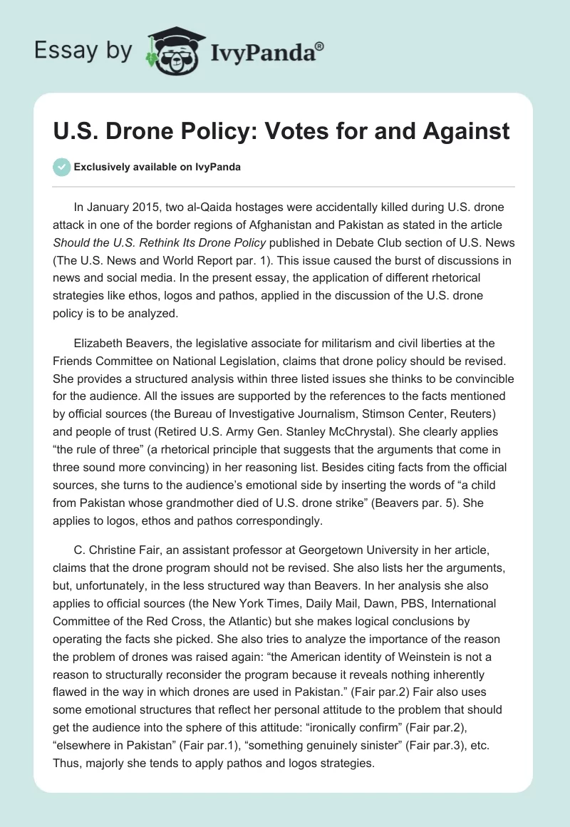U.S. Drone Policy: Votes for and Against. Page 1