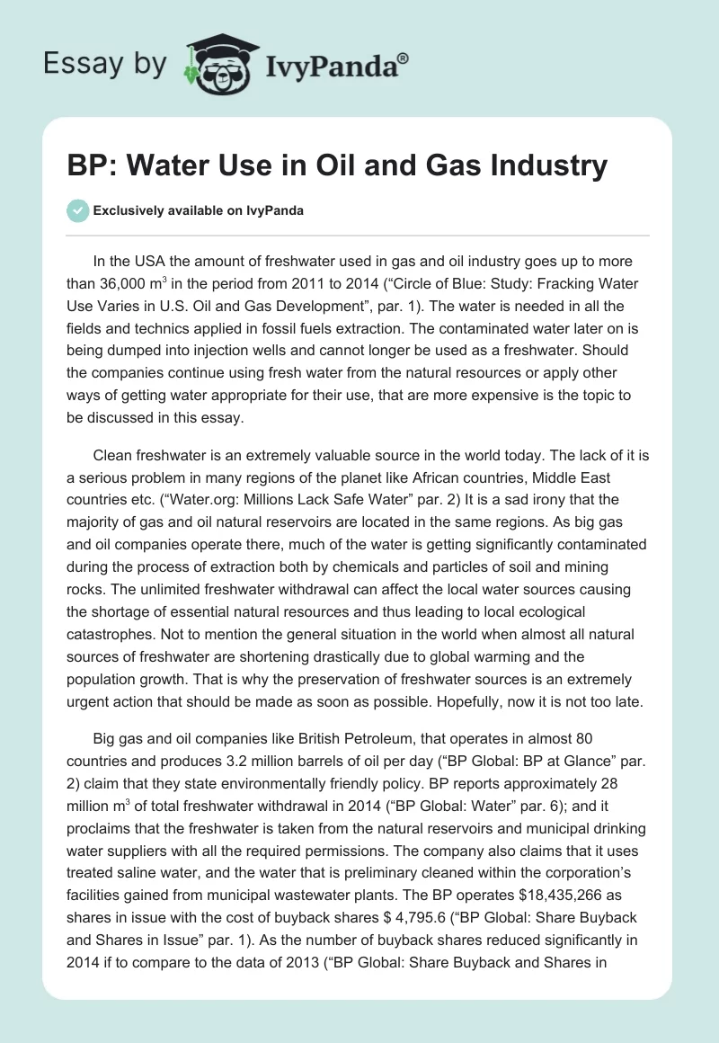 BP: Water Use in Oil and Gas Industry. Page 1
