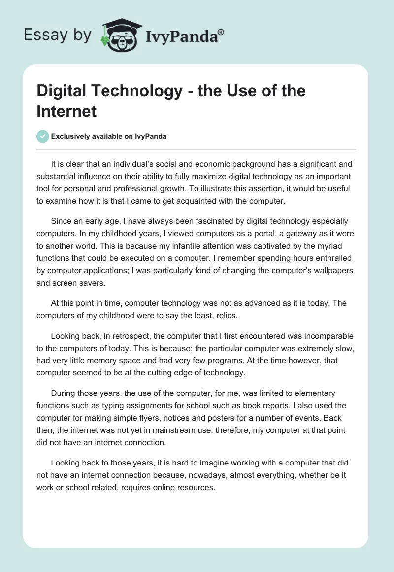 Digital Technology - The Use of the Internet. Page 1