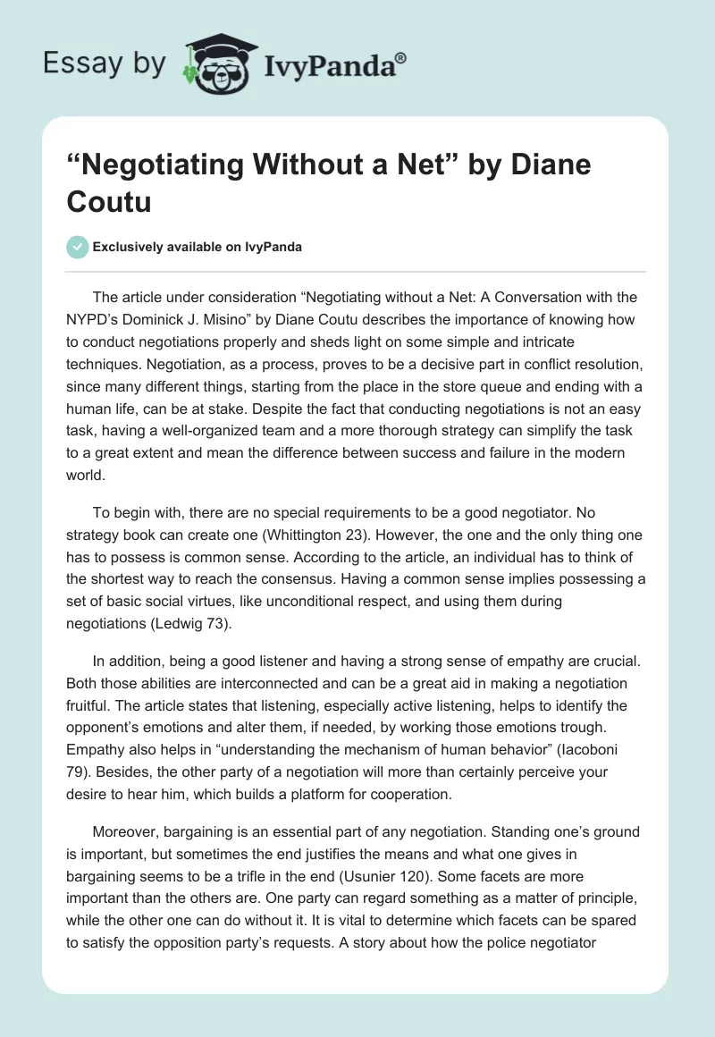“Negotiating Without a Net” by Diane Coutu. Page 1