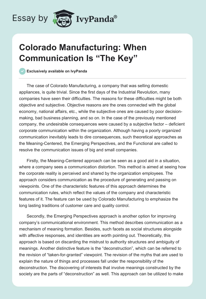 Colorado Manufacturing: When Communication Is “The Key”. Page 1
