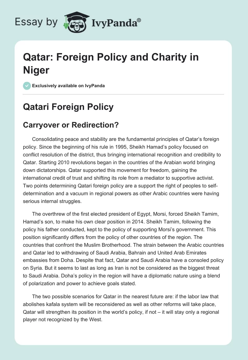 Qatar: Foreign Policy and Charity in Niger. Page 1