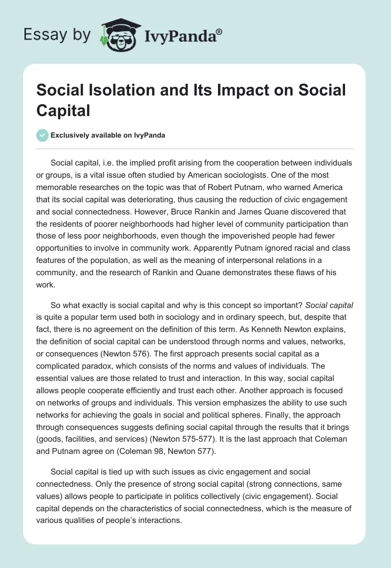 Social Isolation and Its Impact on Social Capital. Page 1