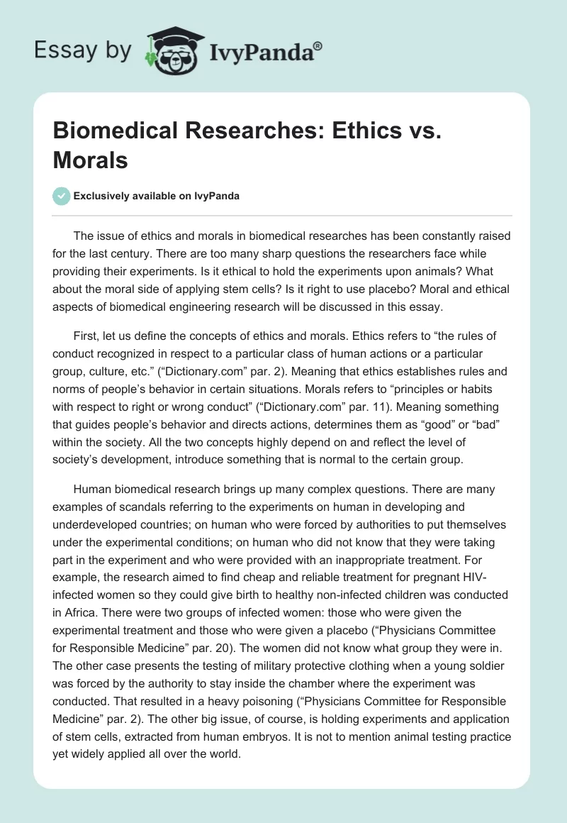 Biomedical Researches: Ethics vs. Morals. Page 1