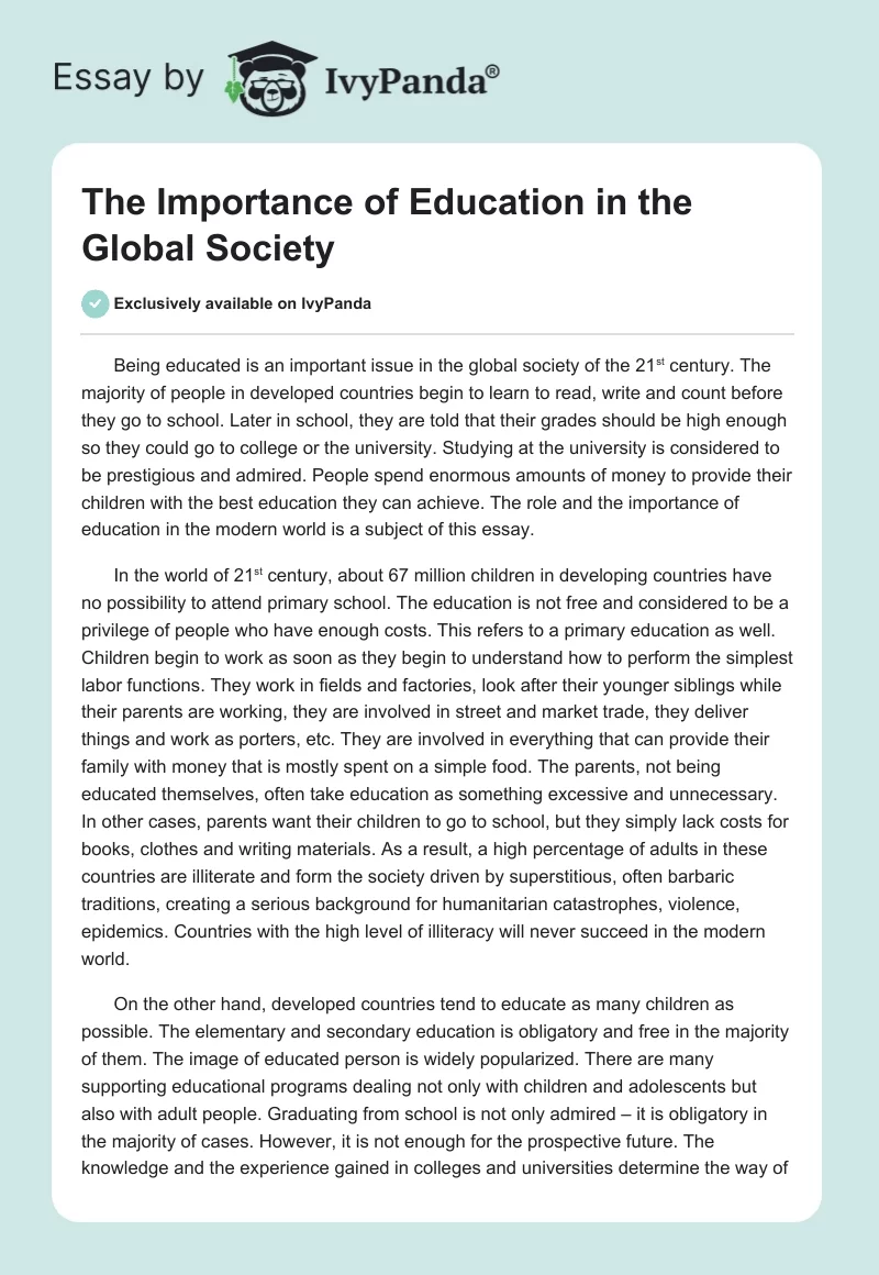 The Importance of Education in the Global Society. Page 1