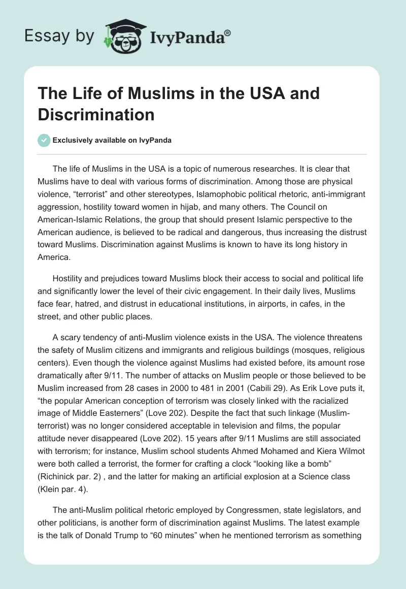 The Life of Muslims in the USA and Discrimination. Page 1