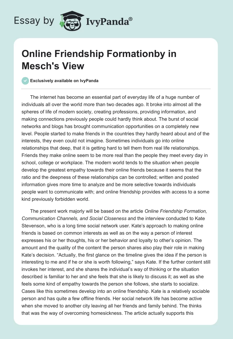 Online Friendship Formationby in Mesch's View. Page 1