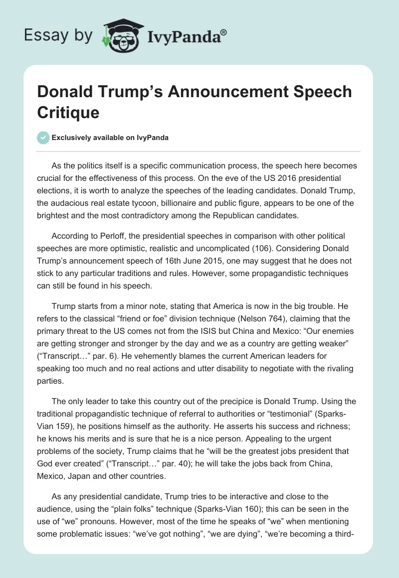 Donald Trump’s Announcement Speech Critique. Page 1