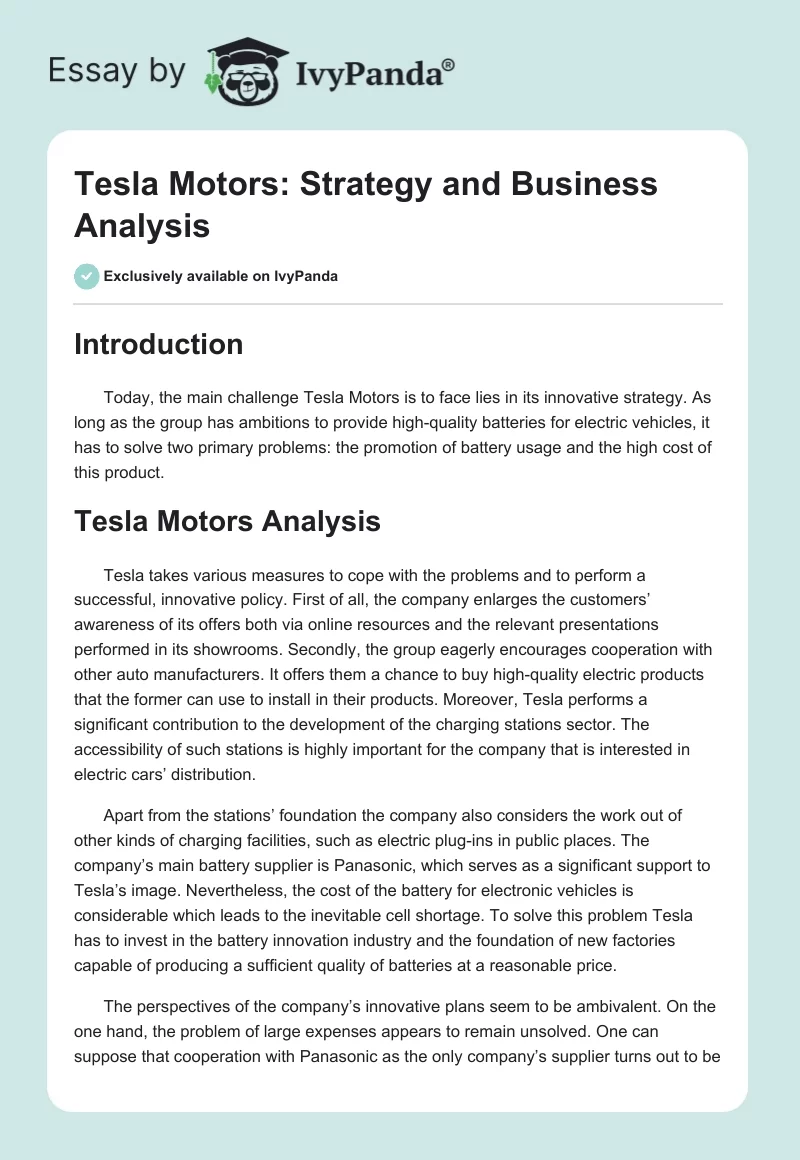 Tesla Motors: Strategy and Business Analysis. Page 1