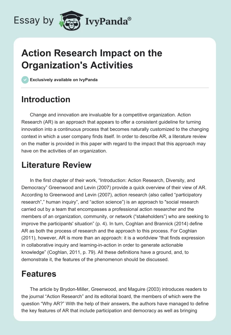 Action Research Impact on the Organization's Activities. Page 1