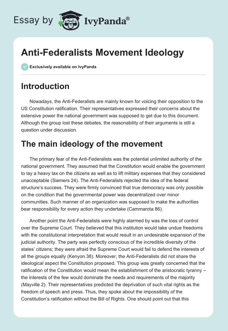 Anti-Federalists Movement Ideology. Page 1