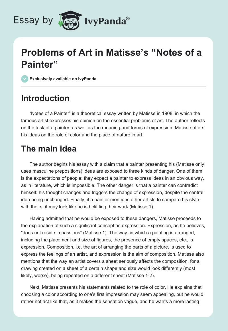 Problems of Art in Matisse’s “Notes of a Painter”. Page 1