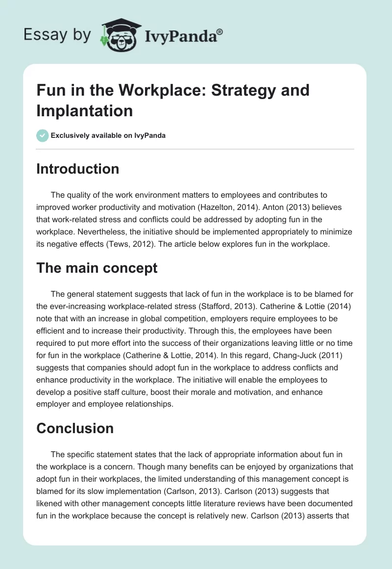 Fun in the Workplace: Strategy and Implantation. Page 1